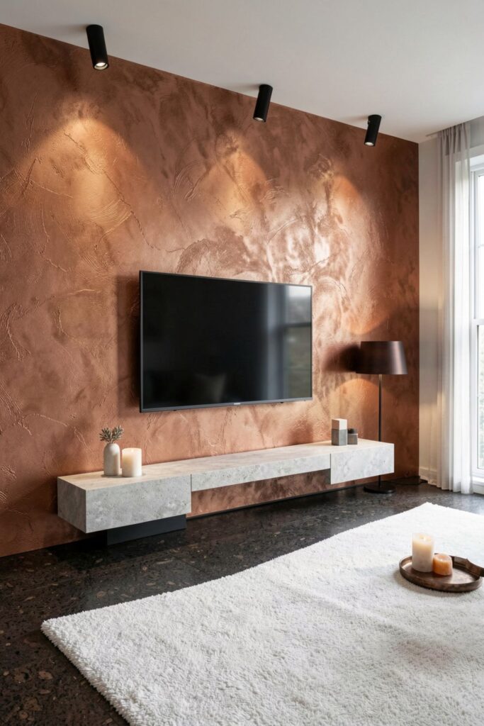 Warm Copper Accent TV Wall With Textured Plaster Finish