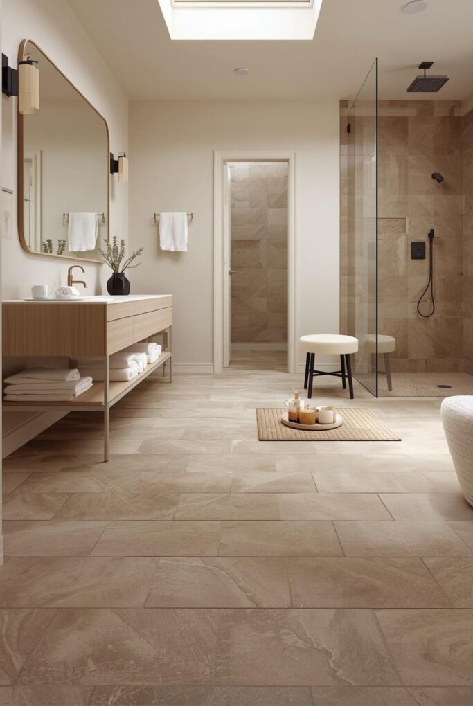 Warm Greige Porcelain Tile for a Calm Spa-Like Floor