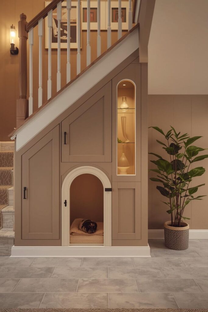 Warm Taupe Under Stair Dog House With Black Hardware Contrast