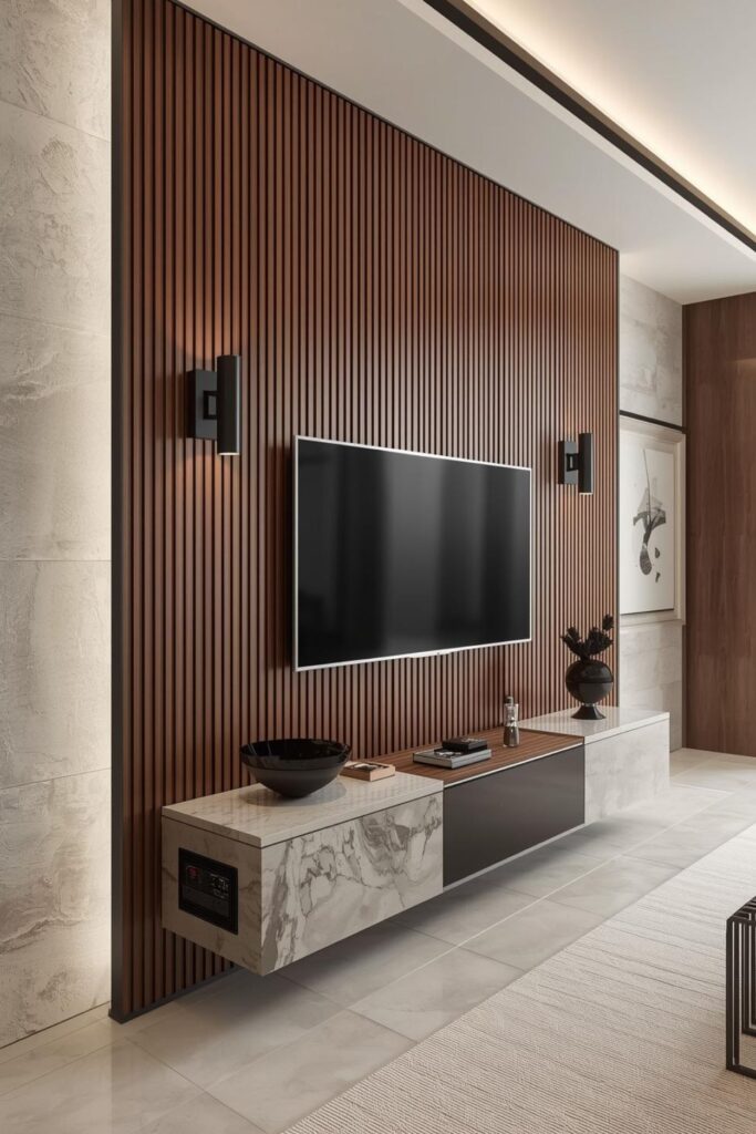 Warm Walnut Media Wall With Floating Console Storage