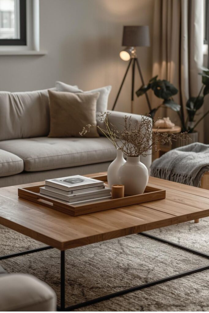 Warm Wooden Coffee Table Styling With Books, Tray, And Ceramics