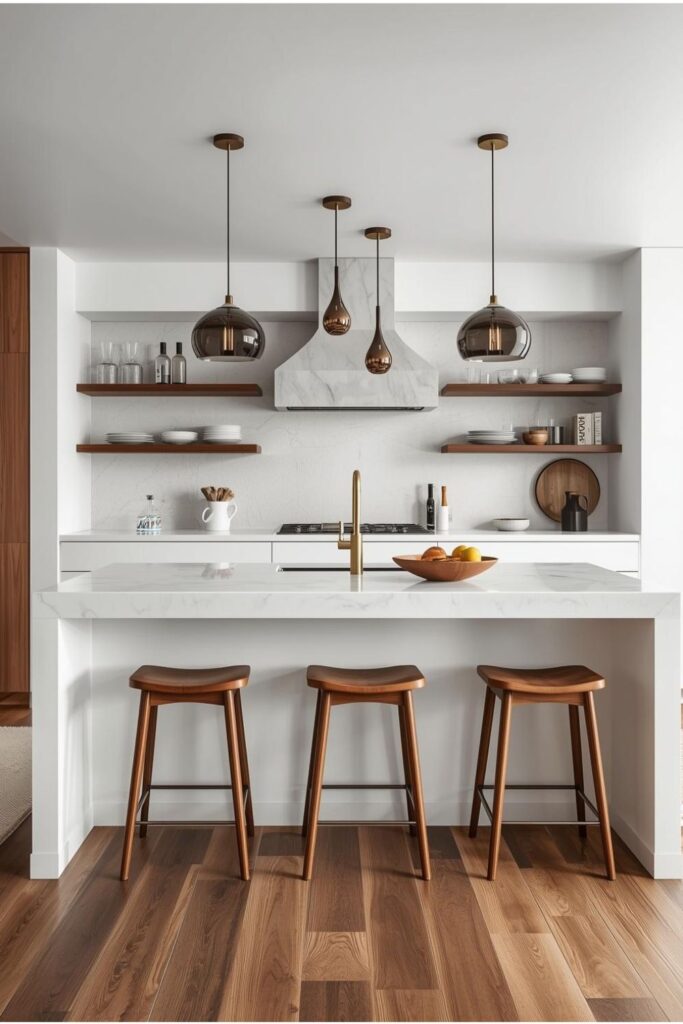 White Kitchen Island Layout With Thick Marble Waterfall