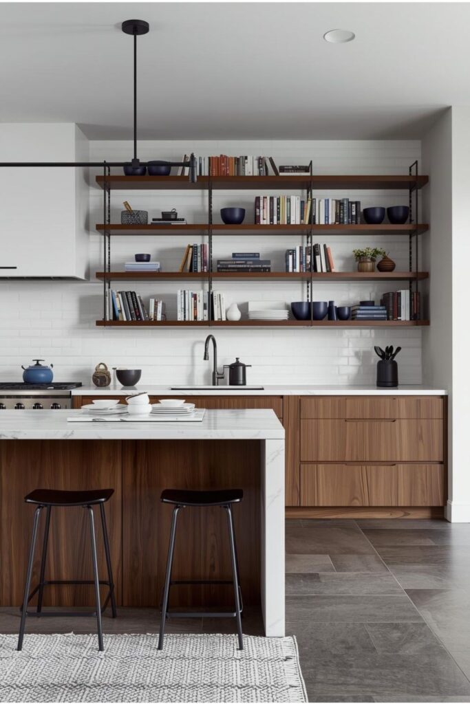 White Kitchen With Marble Peninsula and Library-Style Shelves