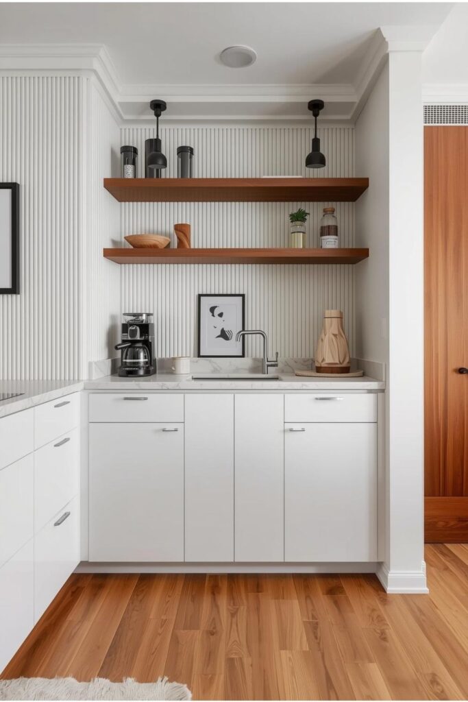  White Kitchen With Open Shelves Over Coffee Bar Niche