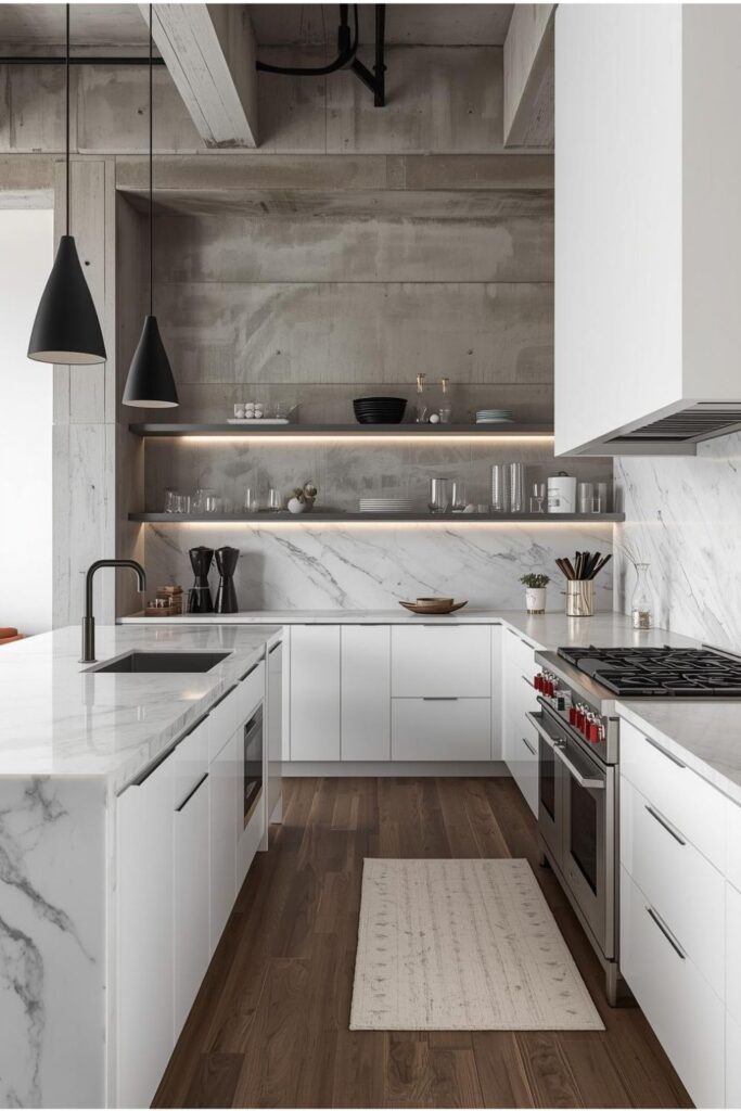 White Loft Kitchen With Mixed Marble and Stainless Range