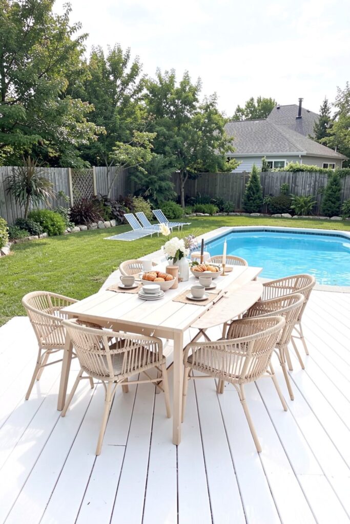 White-Tinted Brushed Deck with Scandinavian Poolside Dining Strip