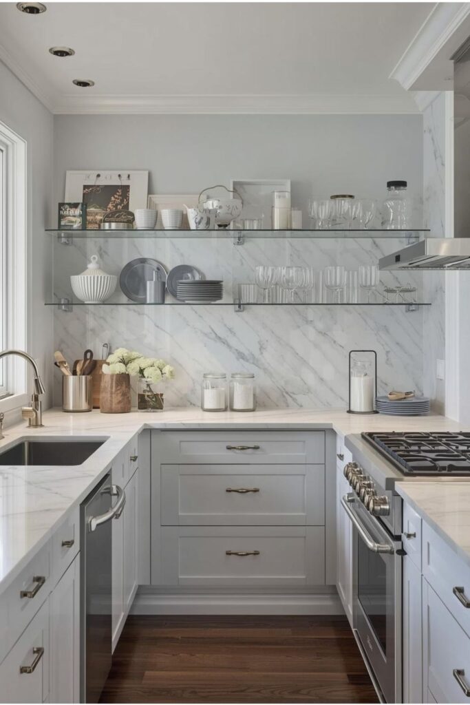 White U-Shaped Kitchen With Marble and Fluted Glass Shelves