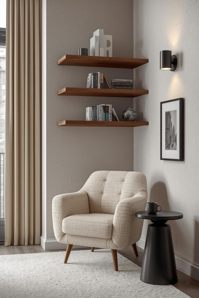 Window-Side Boucle Chair Nook With Walnut Shelving