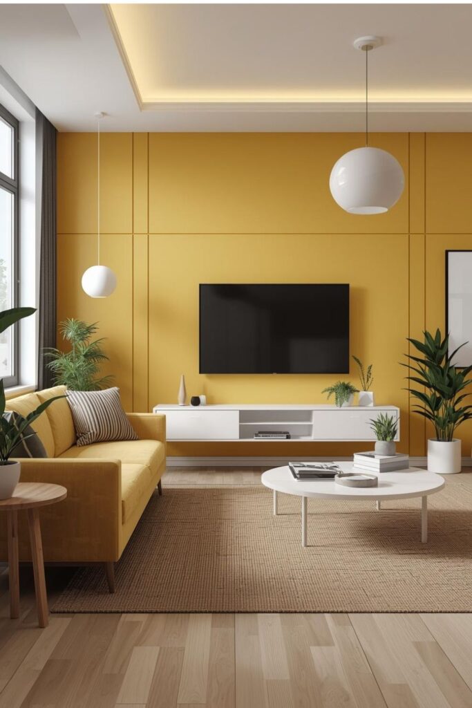 Yellow Panel Wall Living Room with Floating Media Console and Plants