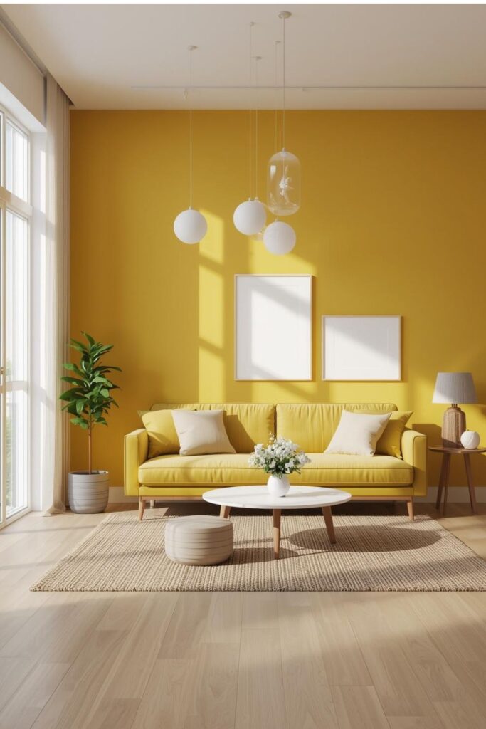 Yellow Sofa Living Room with Textured Neutral Rug and Minimal Gallery Art