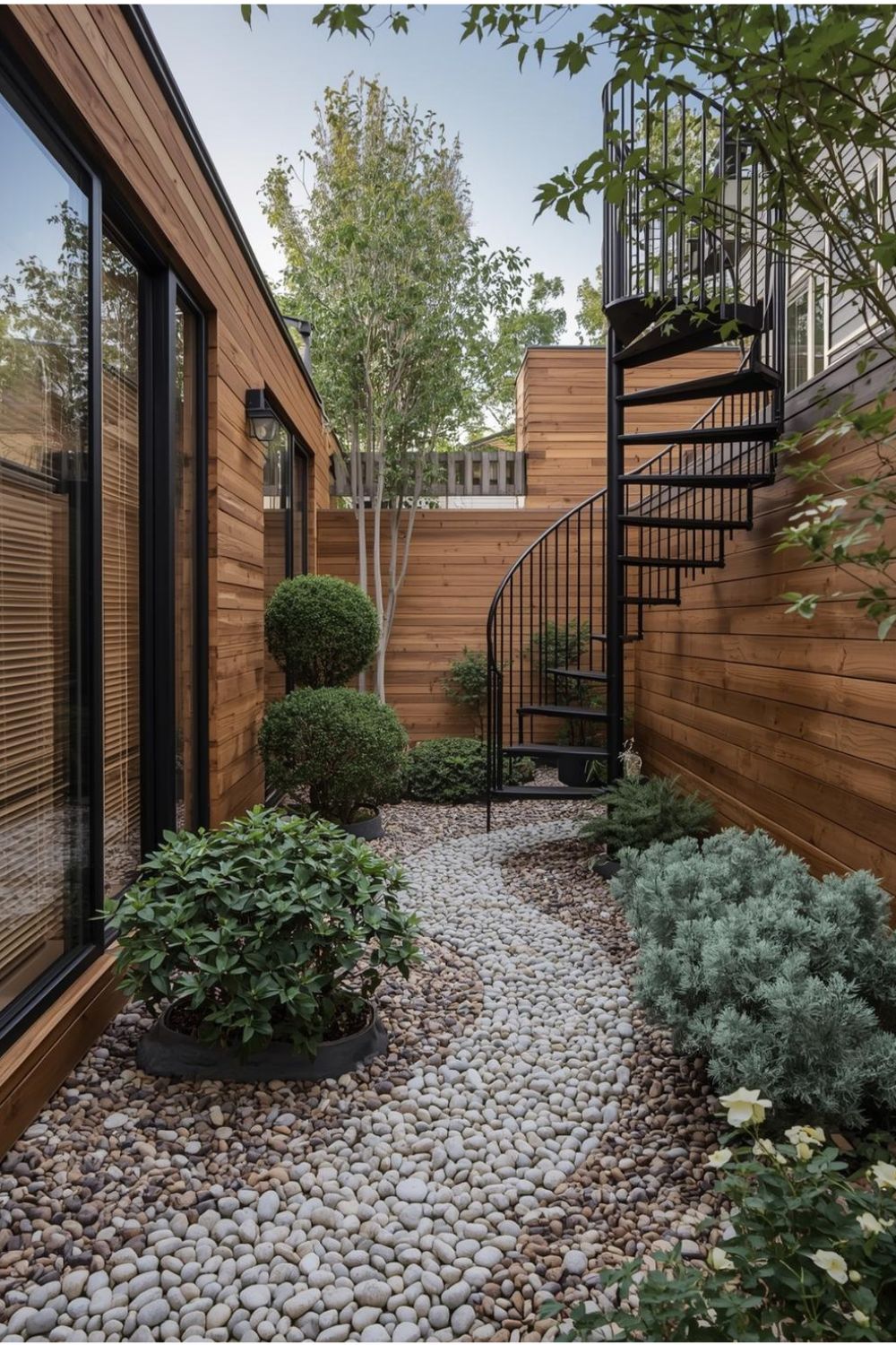 Indoor Courtyard Design with Wooden Deck and Spiral Staircase