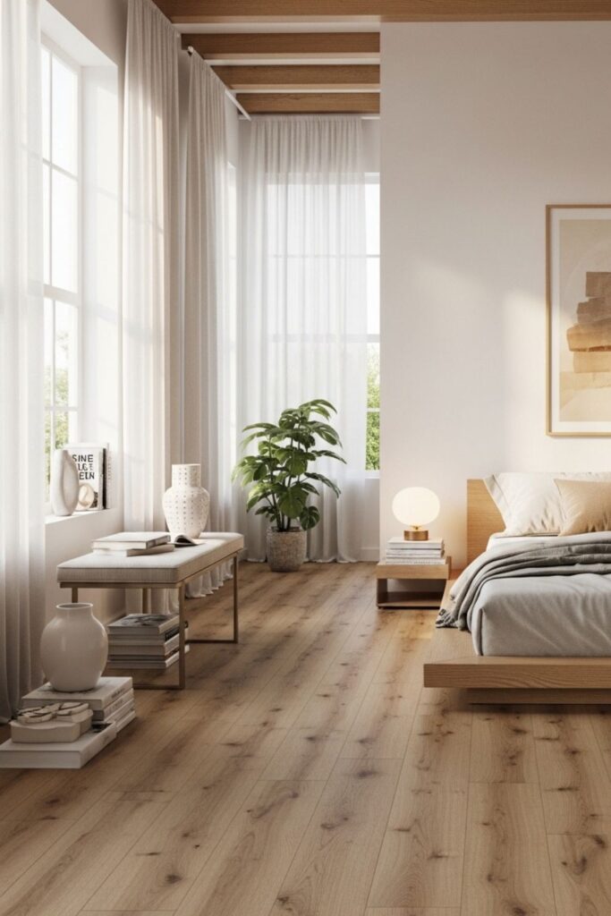 Bright Bedroom with Large Windows and Realistic Wood-Look Luxury Vinyl Plank