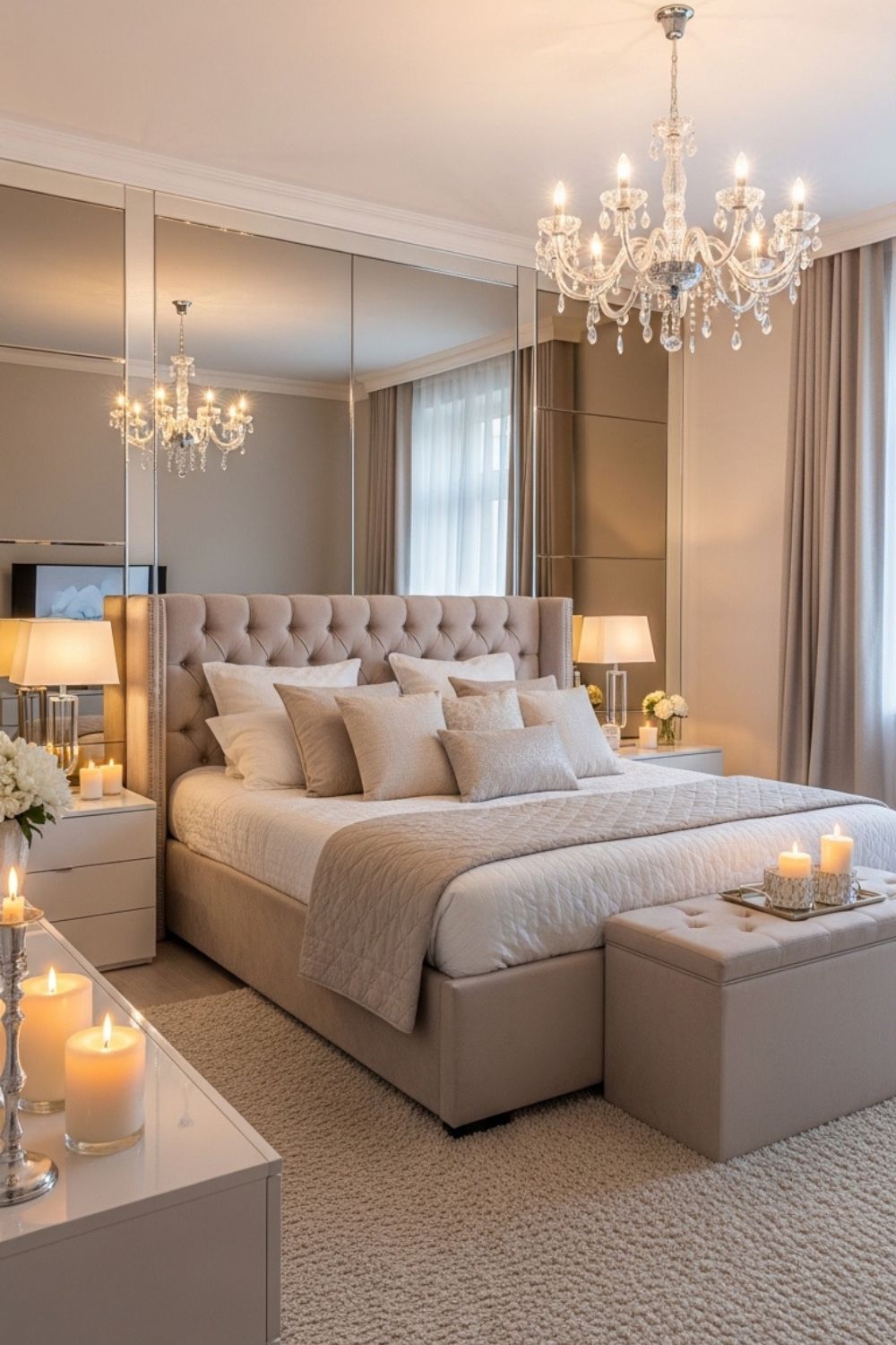 Mirrored Walls for Luxury Cozy Bedroom Design with Chandelier