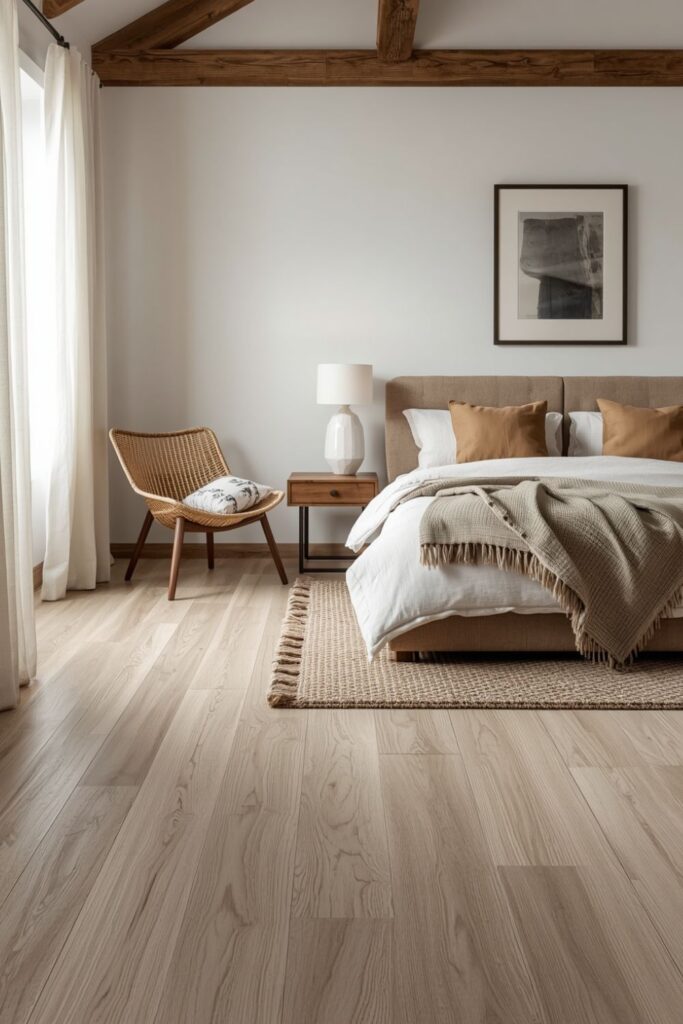 Neutral Bedroom with Greige Luxury Vinyl Plank Flooring and Cozy Textiles