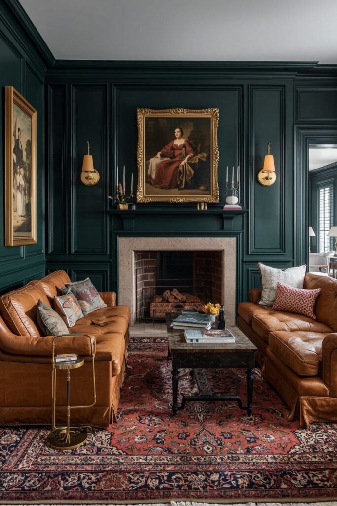 Victorian Living Room Interior with Dark Green Paneling and Brass Picture Lights