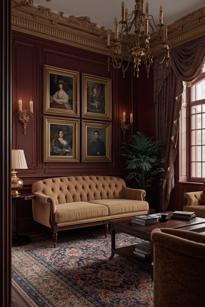 Victorian Living Room Interior with Deep Burgundy Walls and Antique Gold Frames
