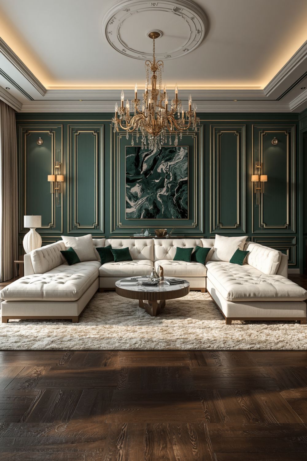 Emerald Green Accent Living Room With Modern White Chaise Sofa